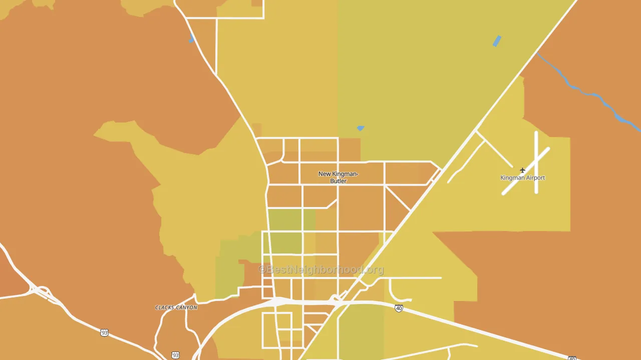 Map of the best neighborhoods in the 86409 area, with better matches in green and worse matches in red