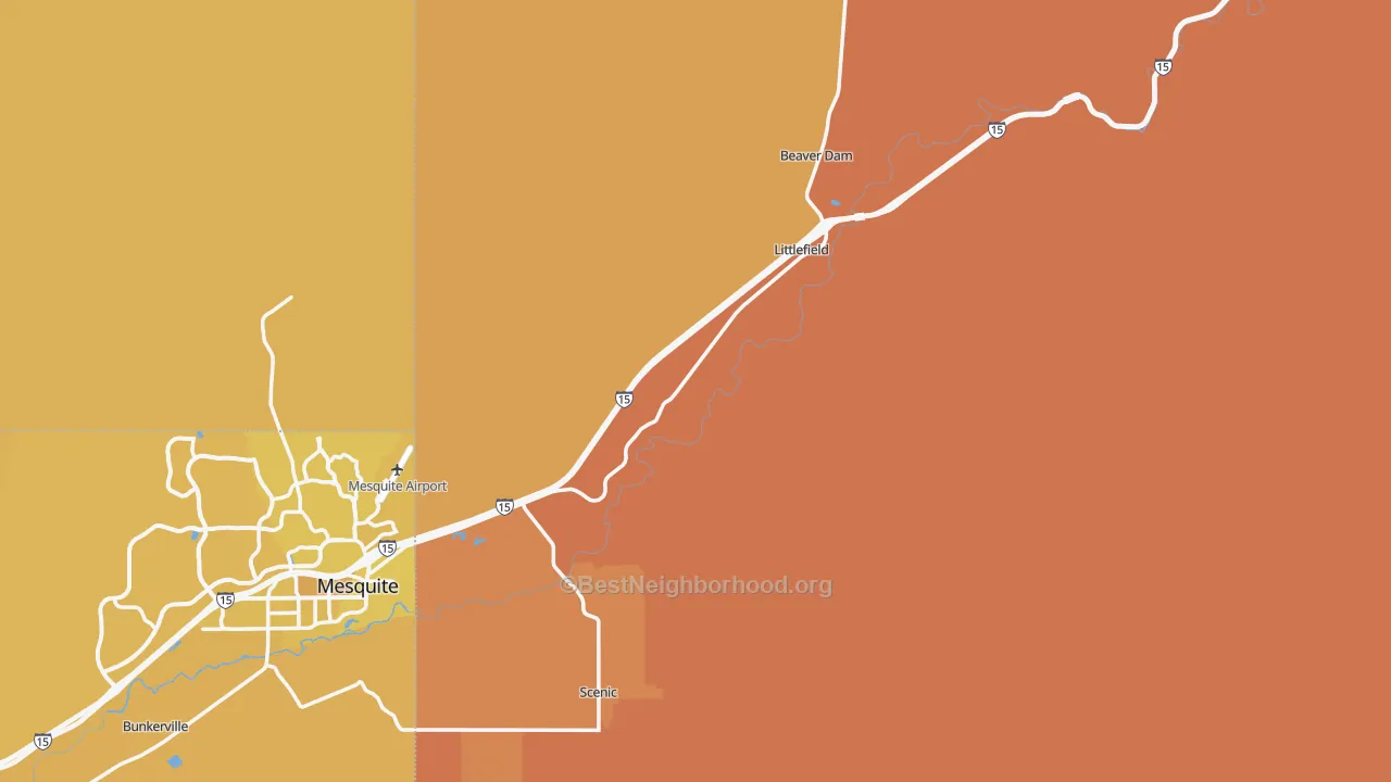 Map of the best neighborhoods in the 86432 area, with better matches in green and worse matches in red