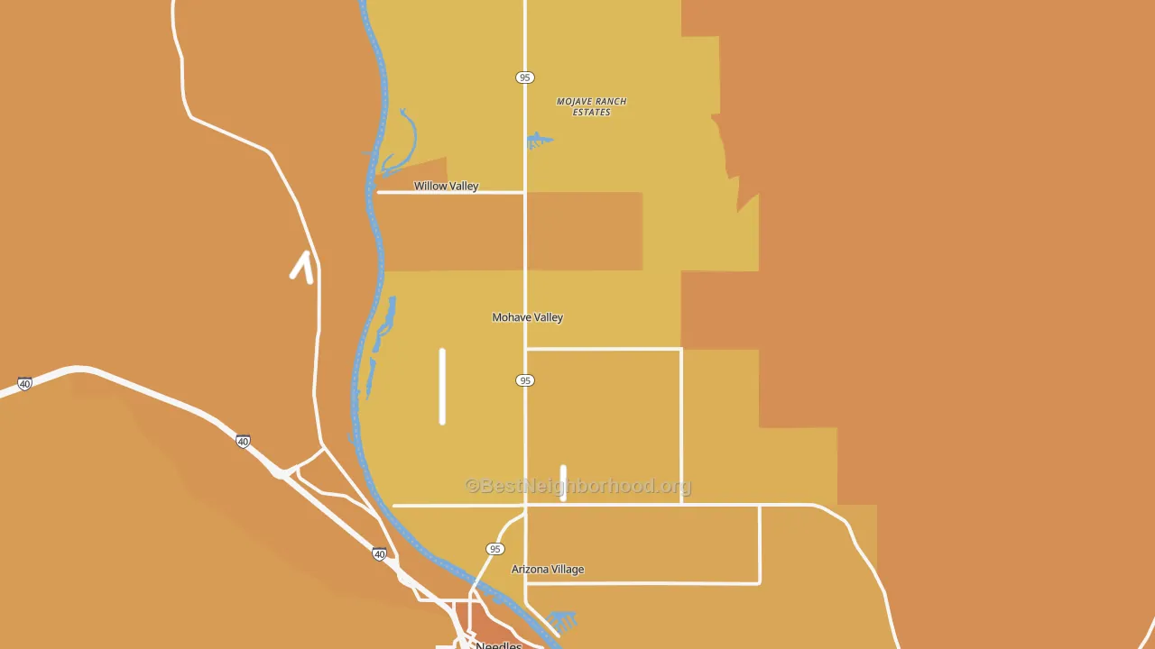 Map of the best neighborhoods in the 86440 area, with better matches in green and worse matches in red