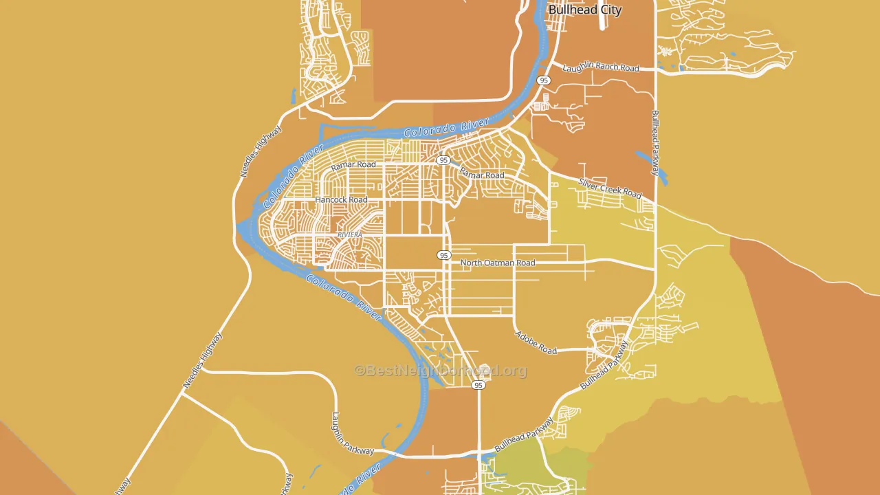 Map of the best neighborhoods in the 86442 area, with better matches in green and worse matches in red