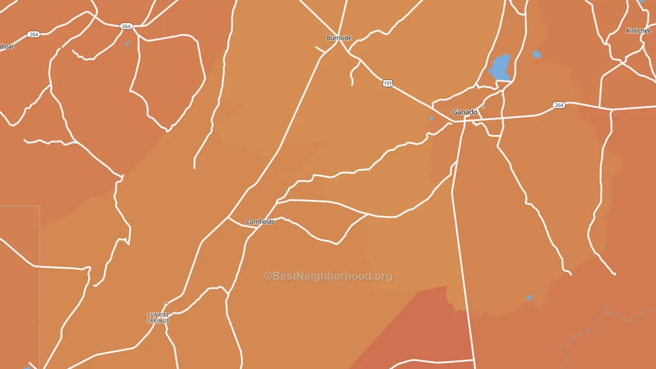 Map of the best neighborhoods in the 86505 area, with better matches in green and worse matches in red