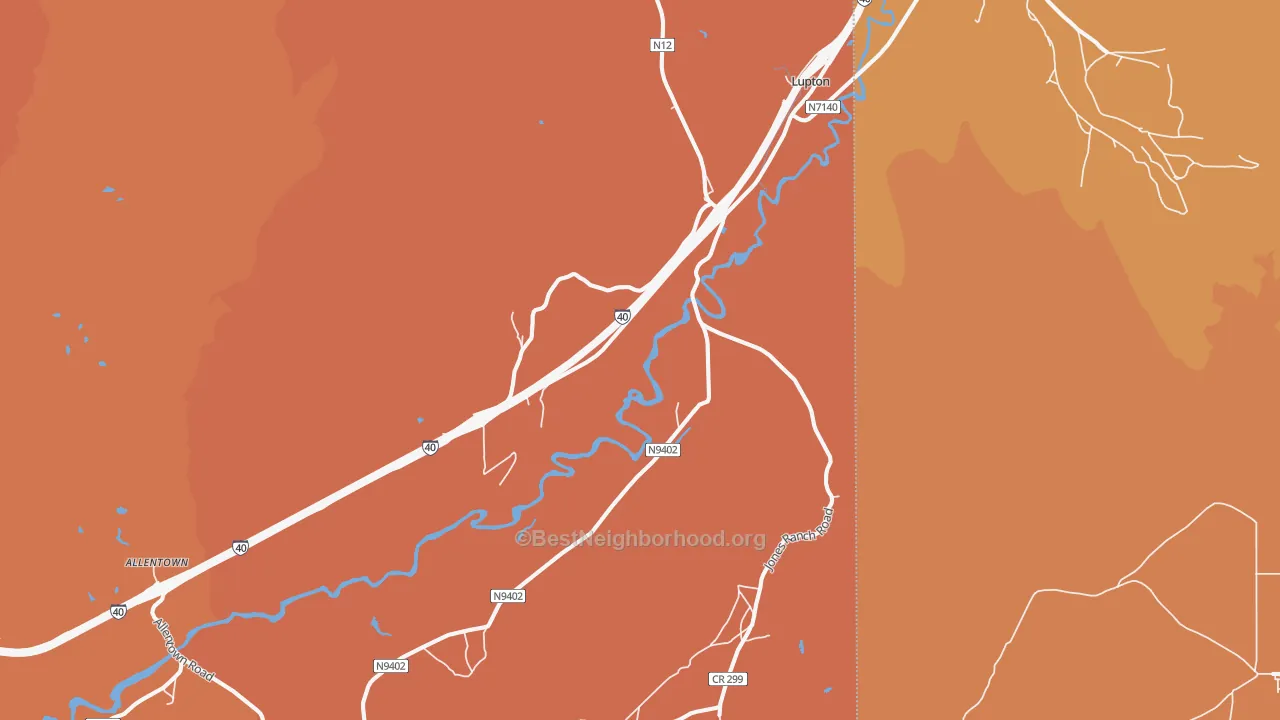 Map of the best neighborhoods in the 86508 area, with better matches in green and worse matches in red