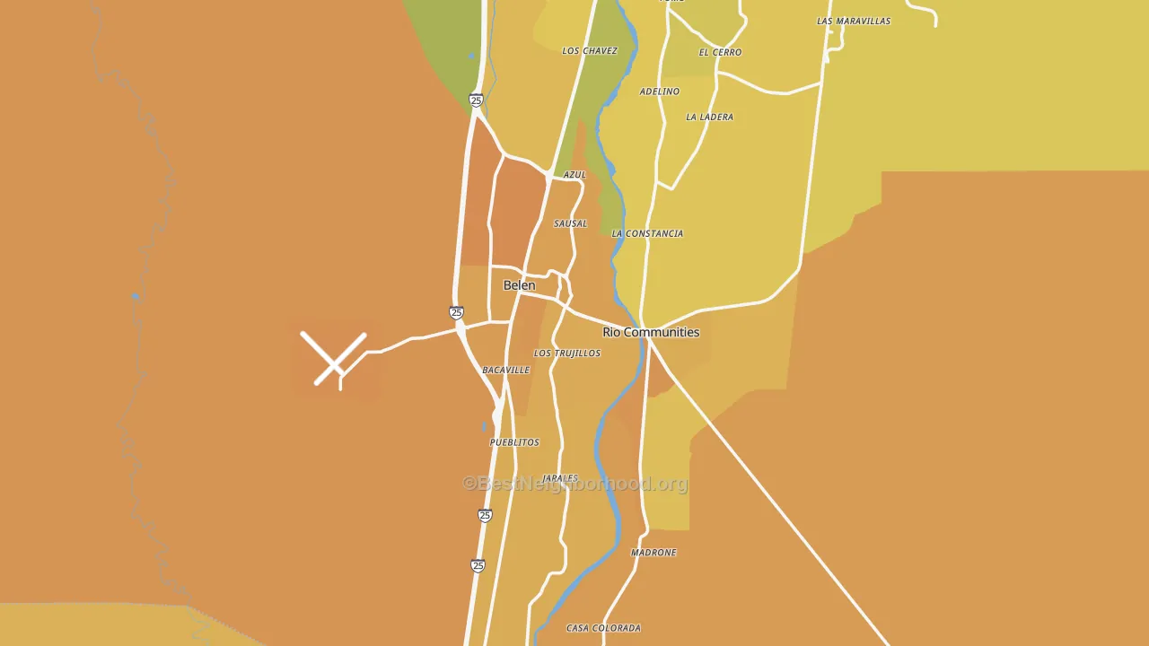 Map of the best neighborhoods in the 87002 area, with better matches in green and worse matches in red