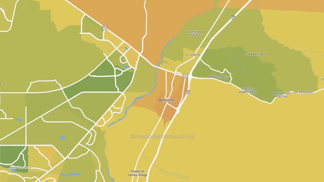 Map of the best neighborhoods in the 87004 area, with better matches in green and worse matches in red
