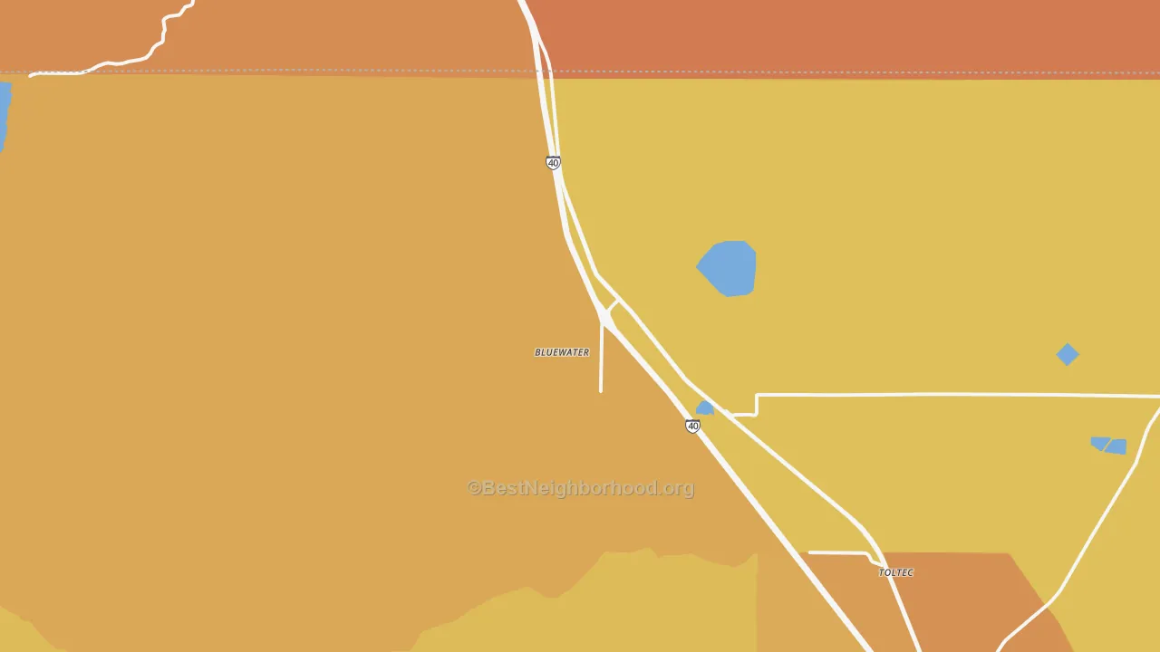 Map of the best neighborhoods in the 87005 area, with better matches in green and worse matches in red