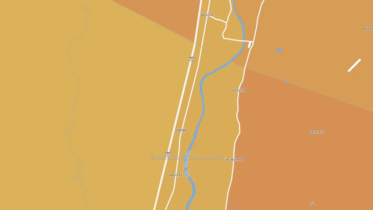Map of the best neighborhoods in the 87006 area, with better matches in green and worse matches in red