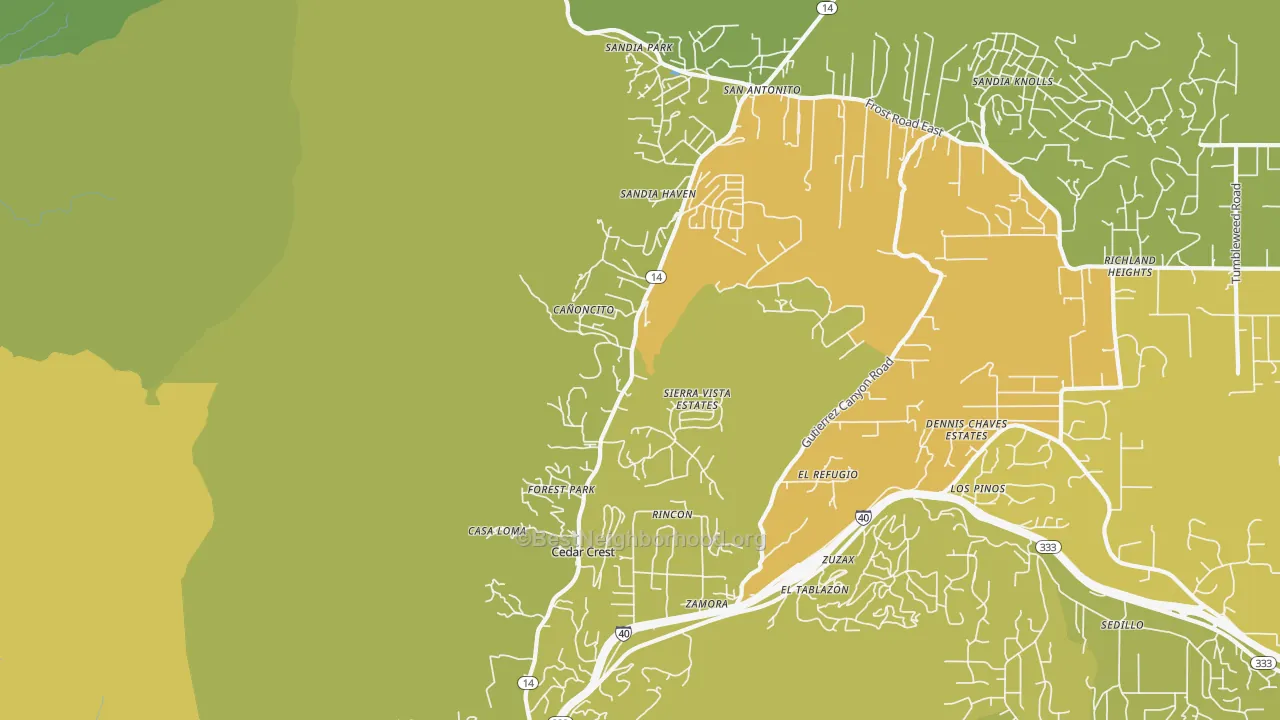 Map of the best neighborhoods in the 87008 area, with better matches in green and worse matches in red