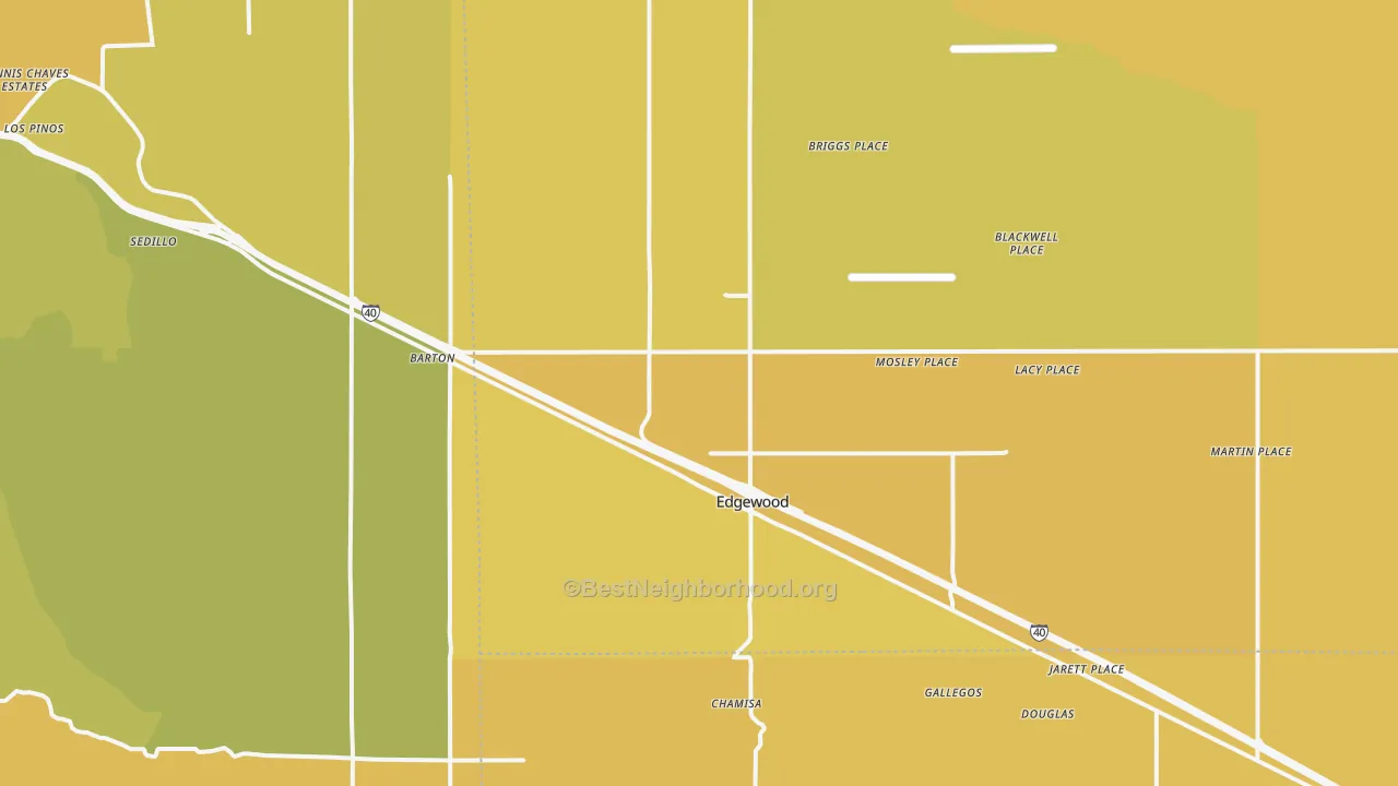Map of the best neighborhoods in the 87015 area, with better matches in green and worse matches in red