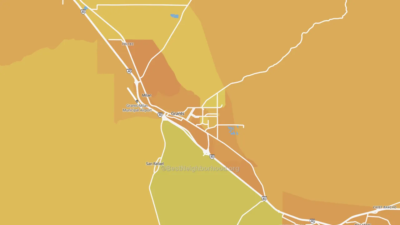 Map of the best neighborhoods in the 87020 area, with better matches in green and worse matches in red