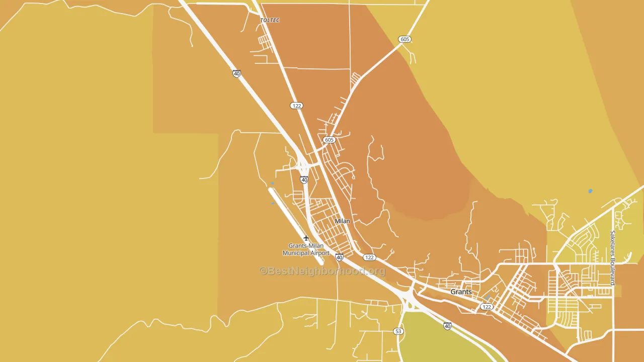 Map of the best neighborhoods in the 87021 area, with better matches in green and worse matches in red
