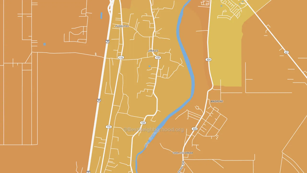 Map of the best neighborhoods in the 87023 area, with better matches in green and worse matches in red