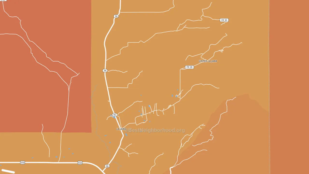 Map of the best neighborhoods in the 87027 area, with better matches in green and worse matches in red