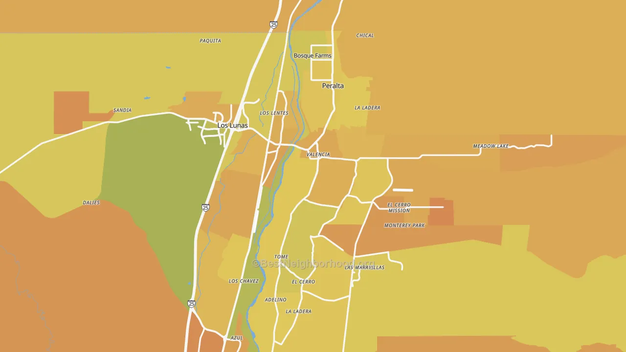 Map of the best neighborhoods in the 87031 area, with better matches in green and worse matches in red
