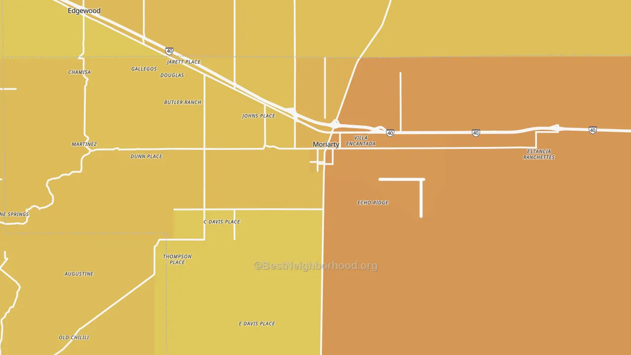 Map of the best neighborhoods in the 87035 area, with better matches in green and worse matches in red