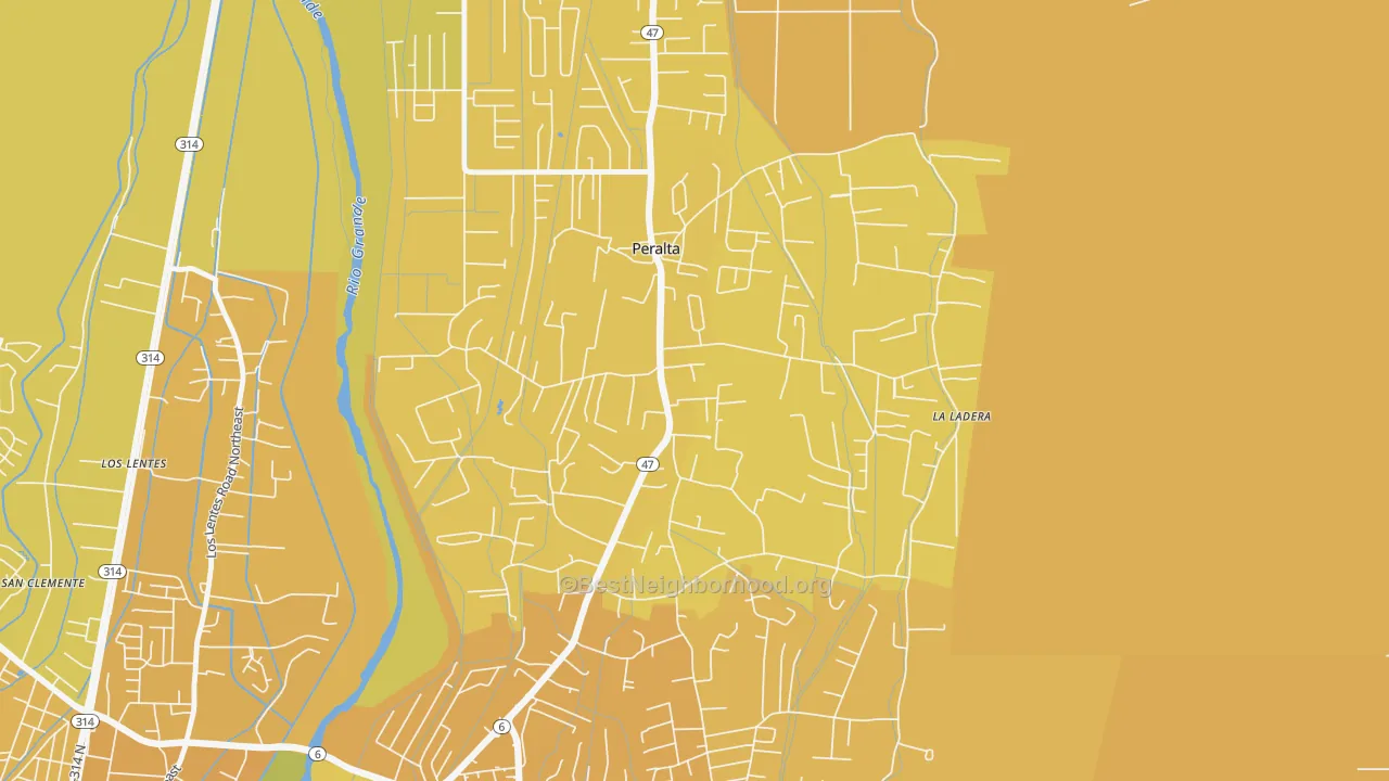 Map of the best neighborhoods in the 87042 area, with better matches in green and worse matches in red