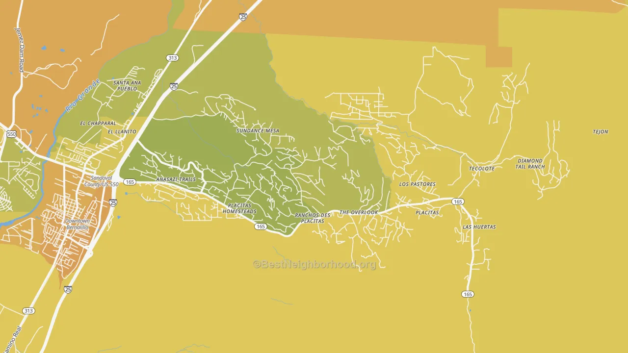 Map of the best neighborhoods in the 87043 area, with better matches in green and worse matches in red