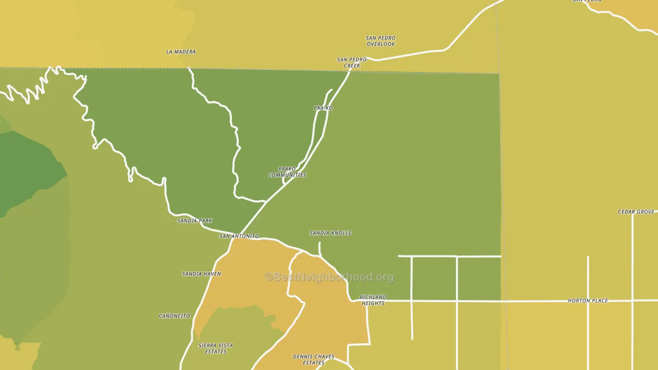 Map of the best neighborhoods in the 87047 area, with better matches in green and worse matches in red
