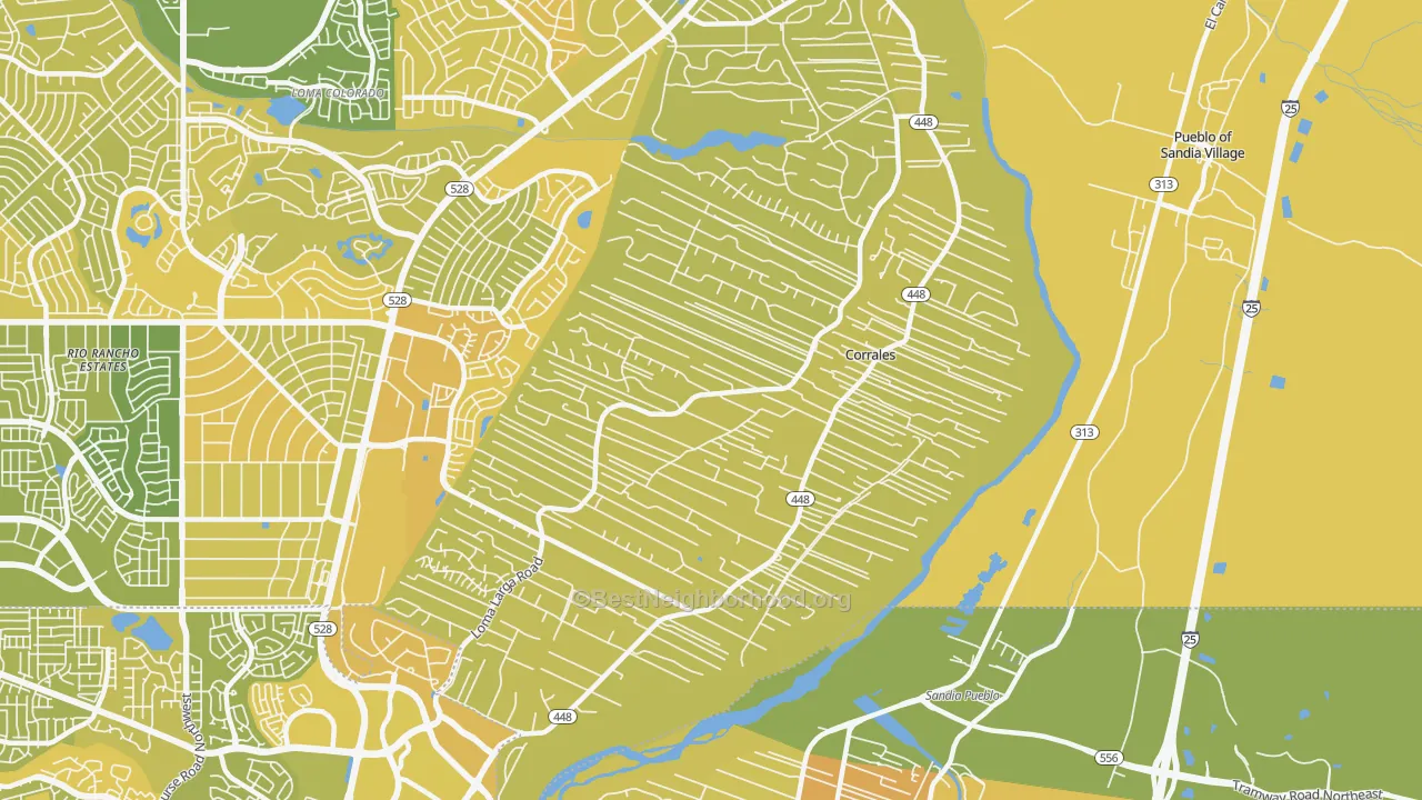 Map of the best neighborhoods in the 87048 area, with better matches in green and worse matches in red