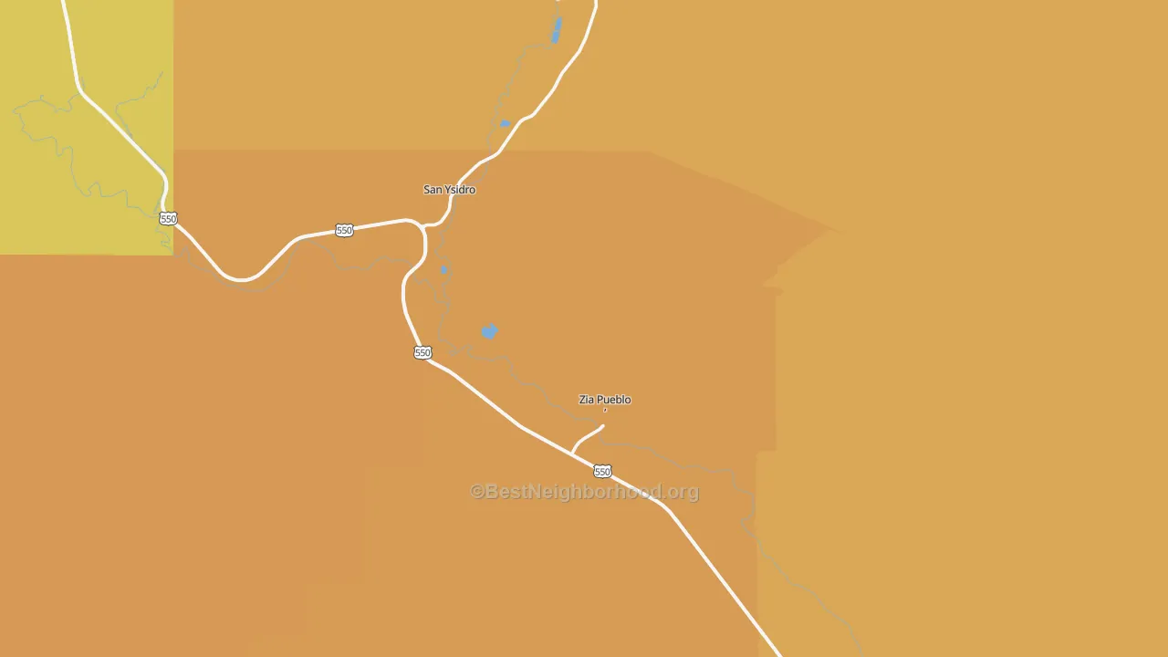 Map of the best neighborhoods in the 87053 area, with better matches in green and worse matches in red