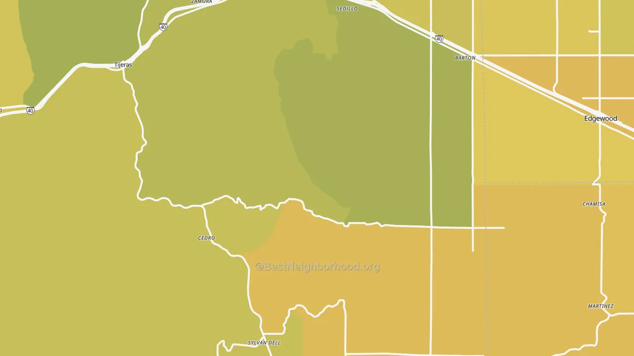 Map of the best neighborhoods in the 87059 area, with better matches in green and worse matches in red
