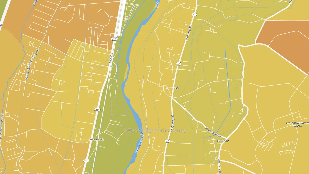 Map of the best neighborhoods in the 87060 area, with better matches in green and worse matches in red