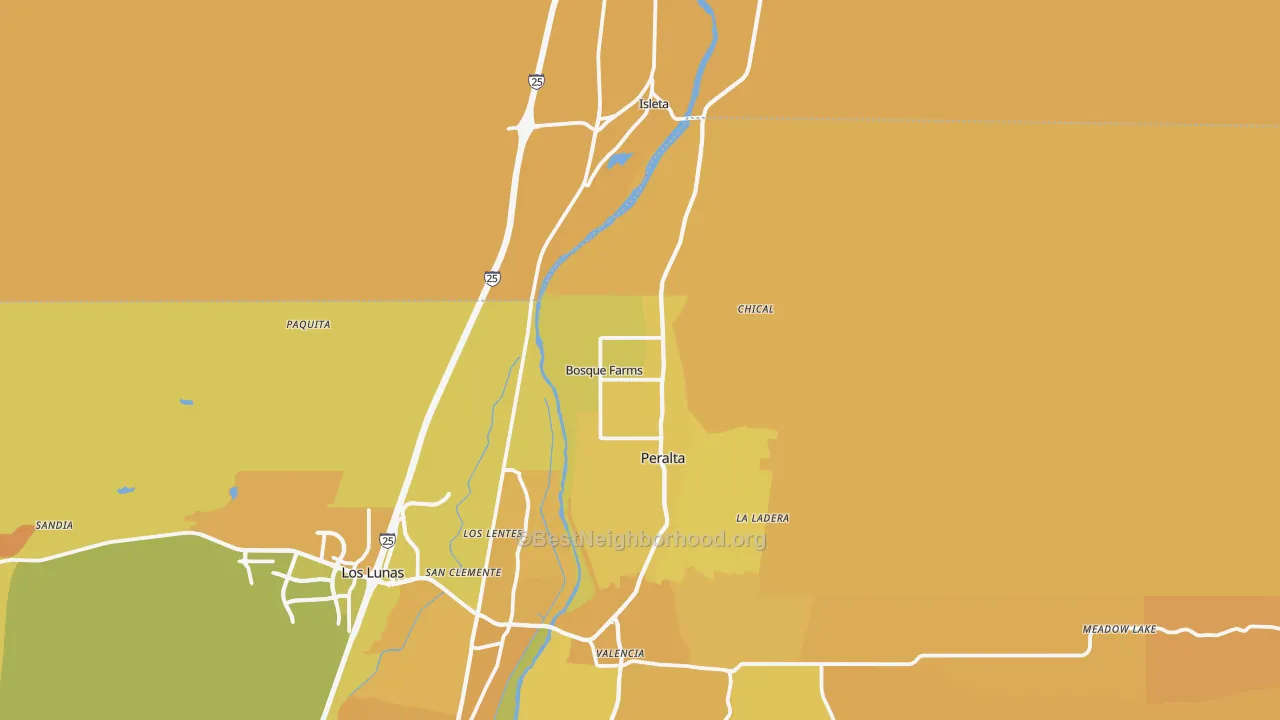 Map of the best neighborhoods in the 87068 area, with better matches in green and worse matches in red