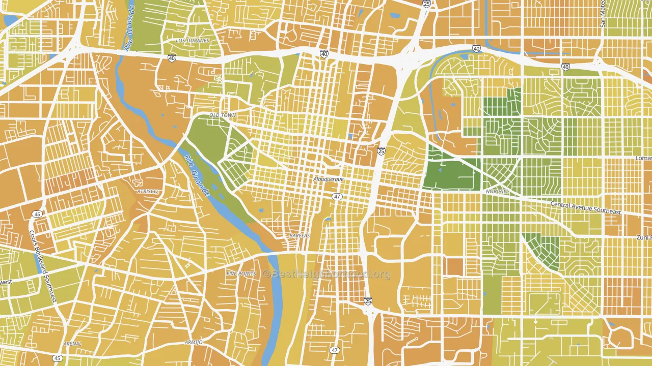 Map of the best neighborhoods in the 87102 area, with better matches in green and worse matches in red