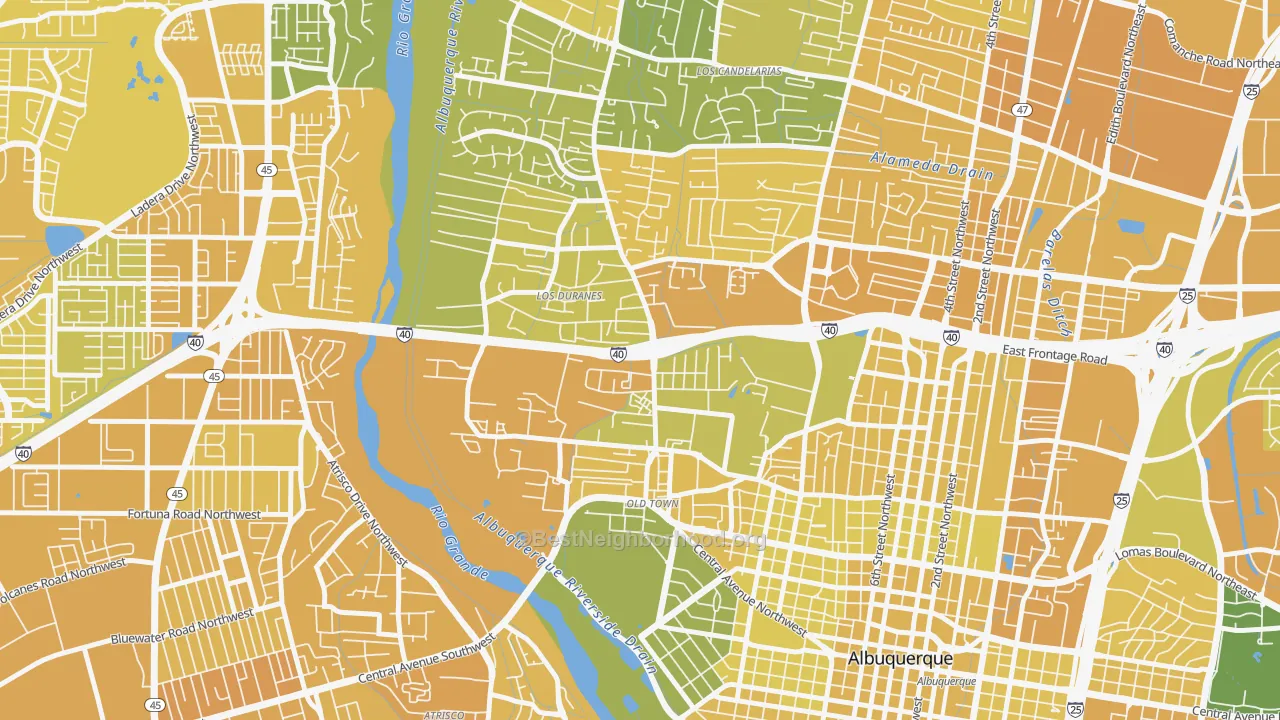 Map of the best neighborhoods in the 87104 area, with better matches in green and worse matches in red