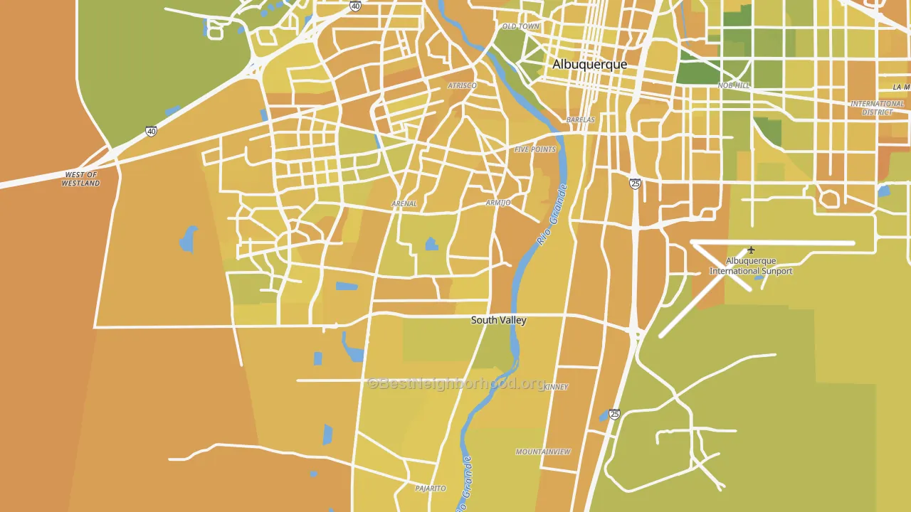 Map of the best neighborhoods in the 87105 area, with better matches in green and worse matches in red