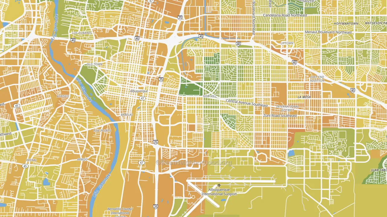 Map of the best neighborhoods in the 87106 area, with better matches in green and worse matches in red