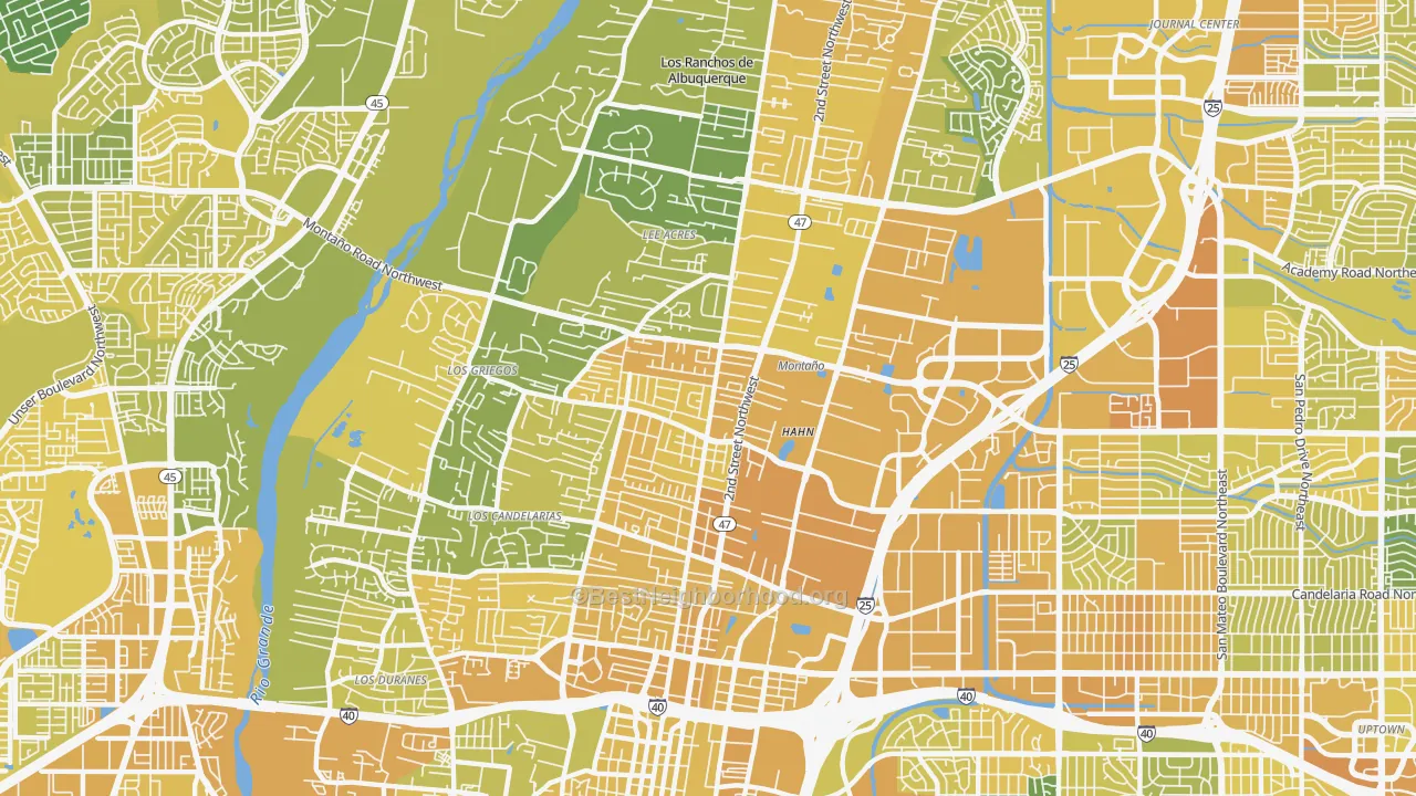 Map of the best neighborhoods in the 87107 area, with better matches in green and worse matches in red