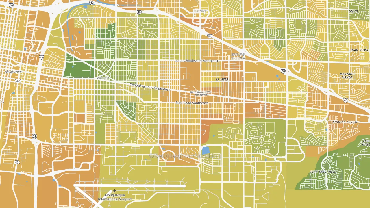Map of the best neighborhoods in the 87108 area, with better matches in green and worse matches in red