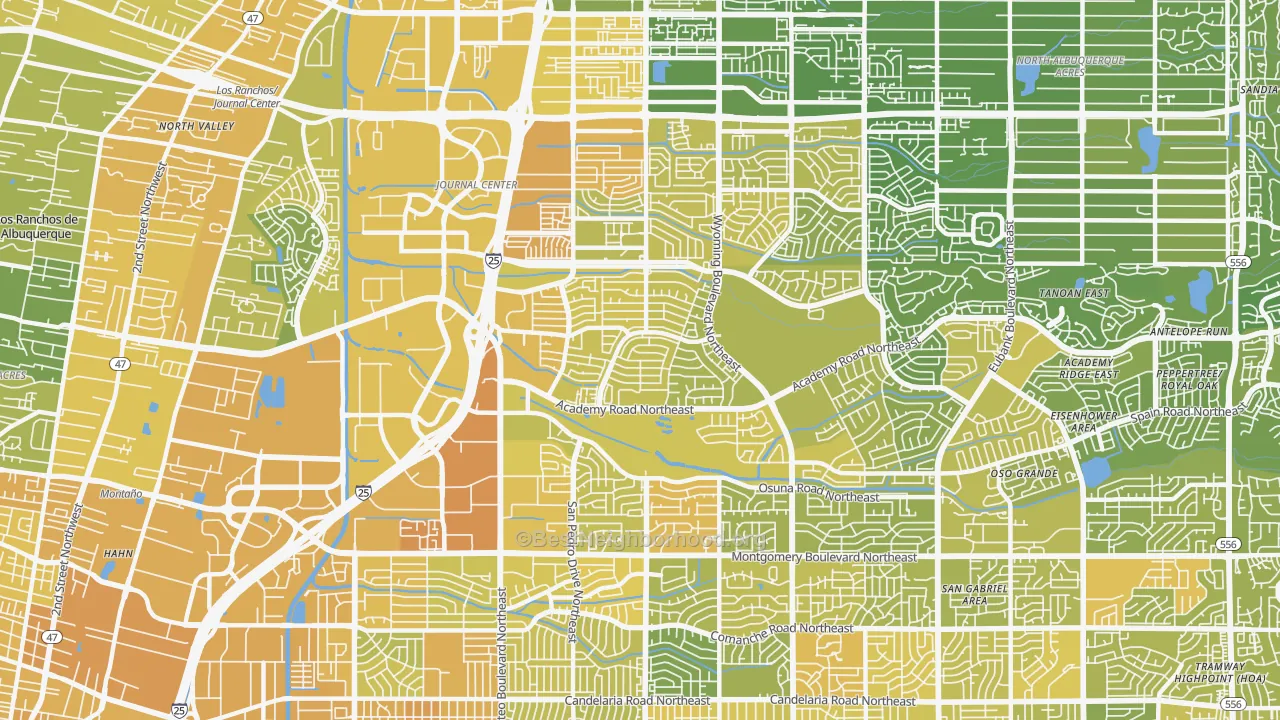 Map of the best neighborhoods in the 87109 area, with better matches in green and worse matches in red
