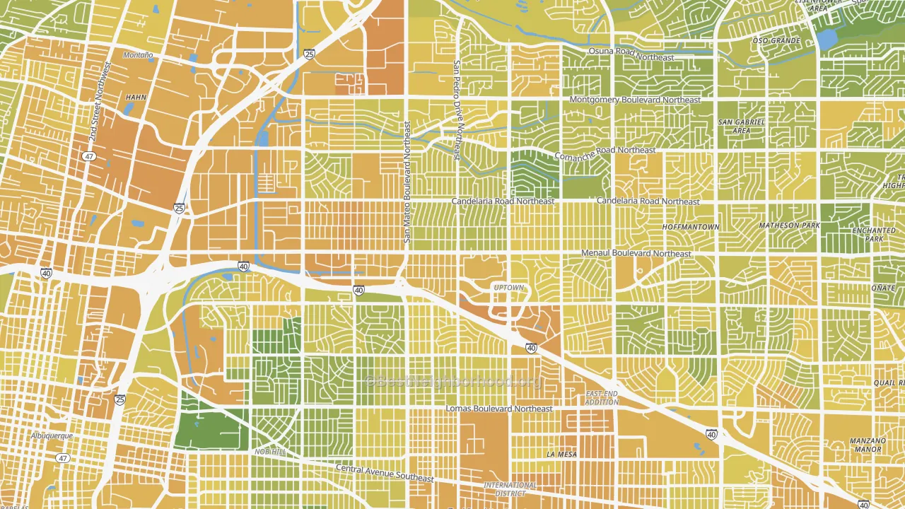 Map of the best neighborhoods in the 87110 area, with better matches in green and worse matches in red