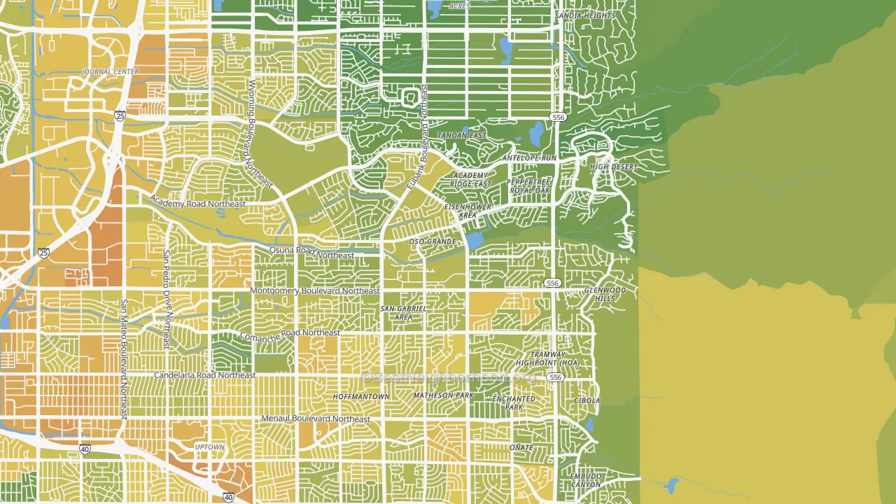 Map of the best neighborhoods in the 87111 area, with better matches in green and worse matches in red