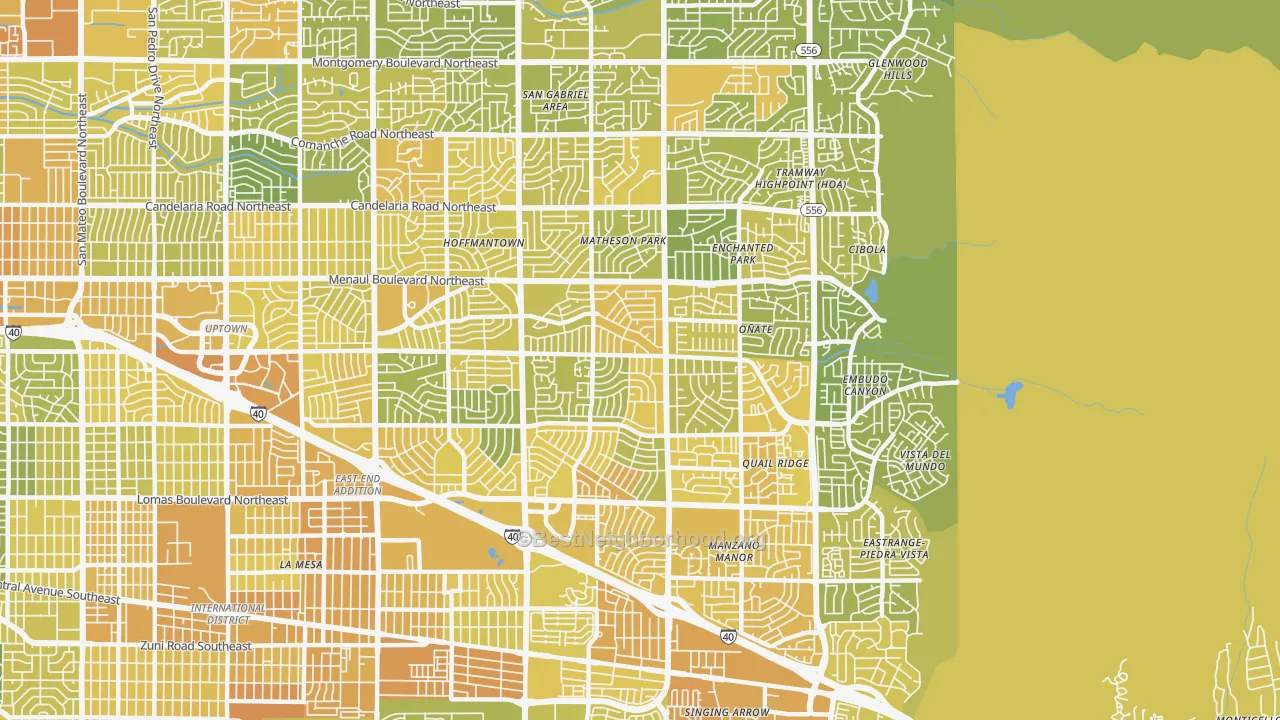 Map of the best neighborhoods in the 87112 area, with better matches in green and worse matches in red