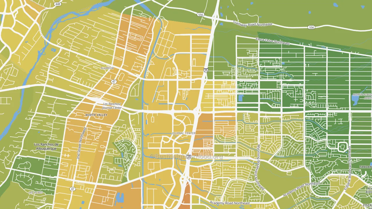 Map of the best neighborhoods in the 87113 area, with better matches in green and worse matches in red