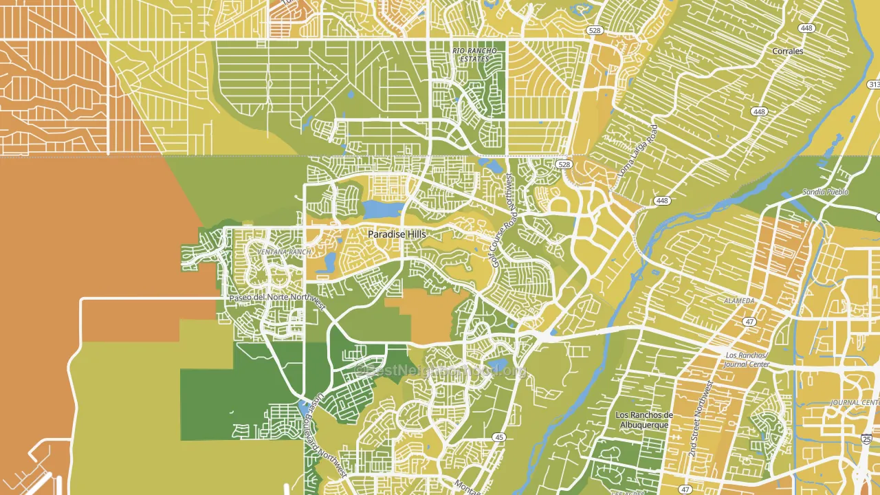 Map of the best neighborhoods in the 87114 area, with better matches in green and worse matches in red