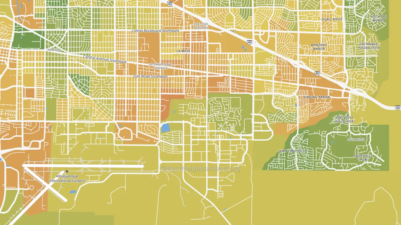 Map of the best neighborhoods in the 87116 area, with better matches in green and worse matches in red