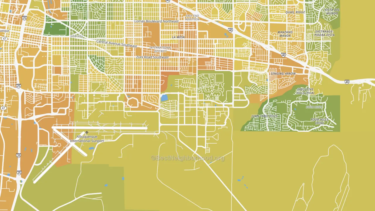 Map of the best neighborhoods in the 87117 area, with better matches in green and worse matches in red
