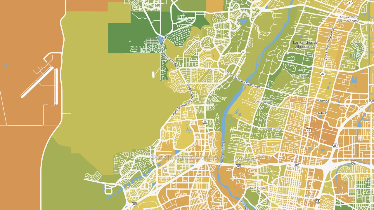 Map of the best neighborhoods in the 87120 area, with better matches in green and worse matches in red