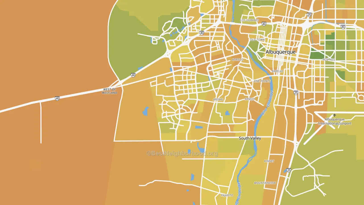 Map of the best neighborhoods in the 87121 area, with better matches in green and worse matches in red