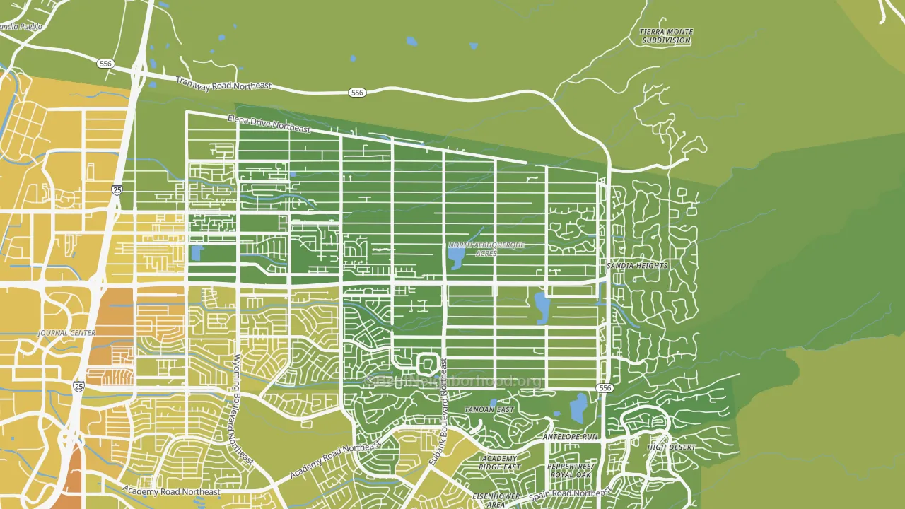 Map of the best neighborhoods in the 87122 area, with better matches in green and worse matches in red