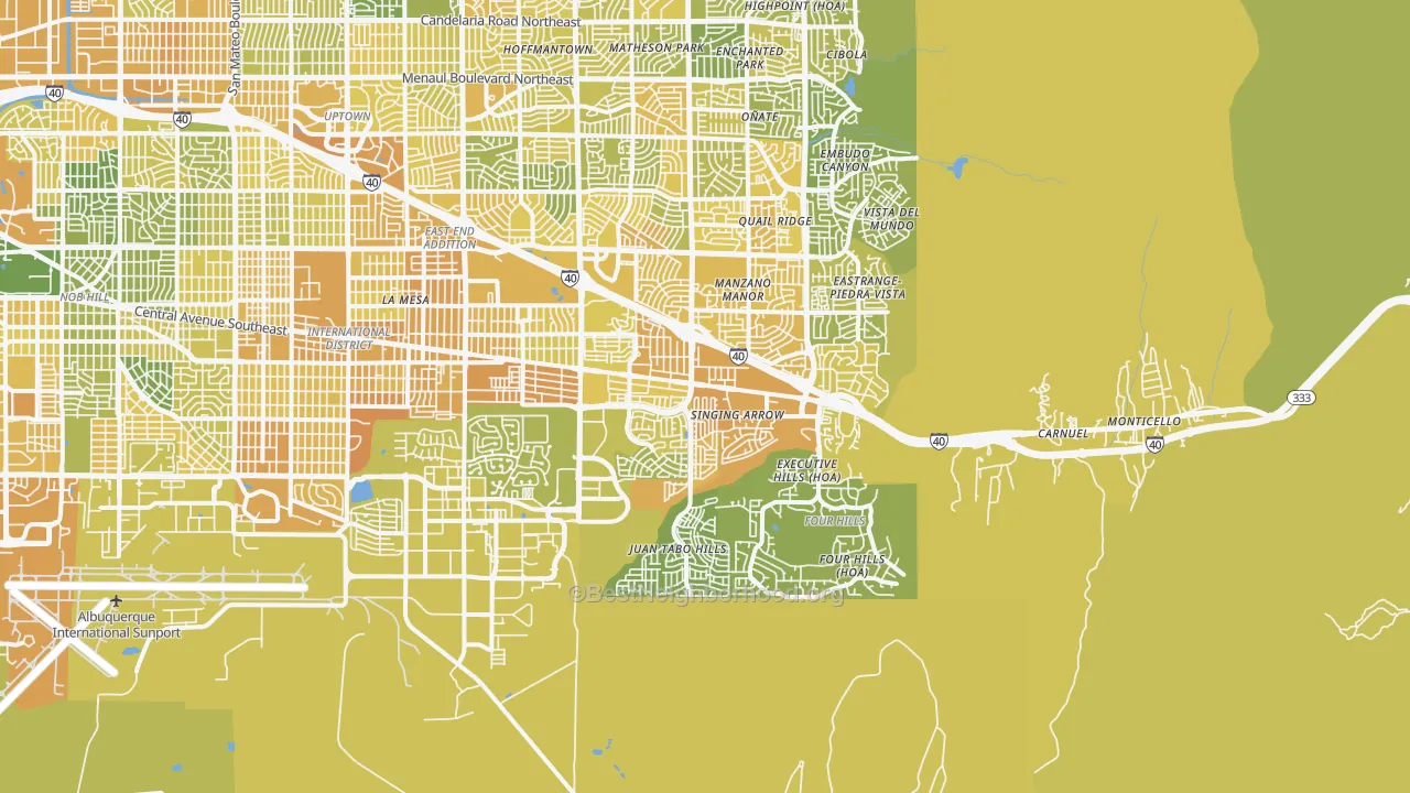 Map of the best neighborhoods in the 87123 area, with better matches in green and worse matches in red