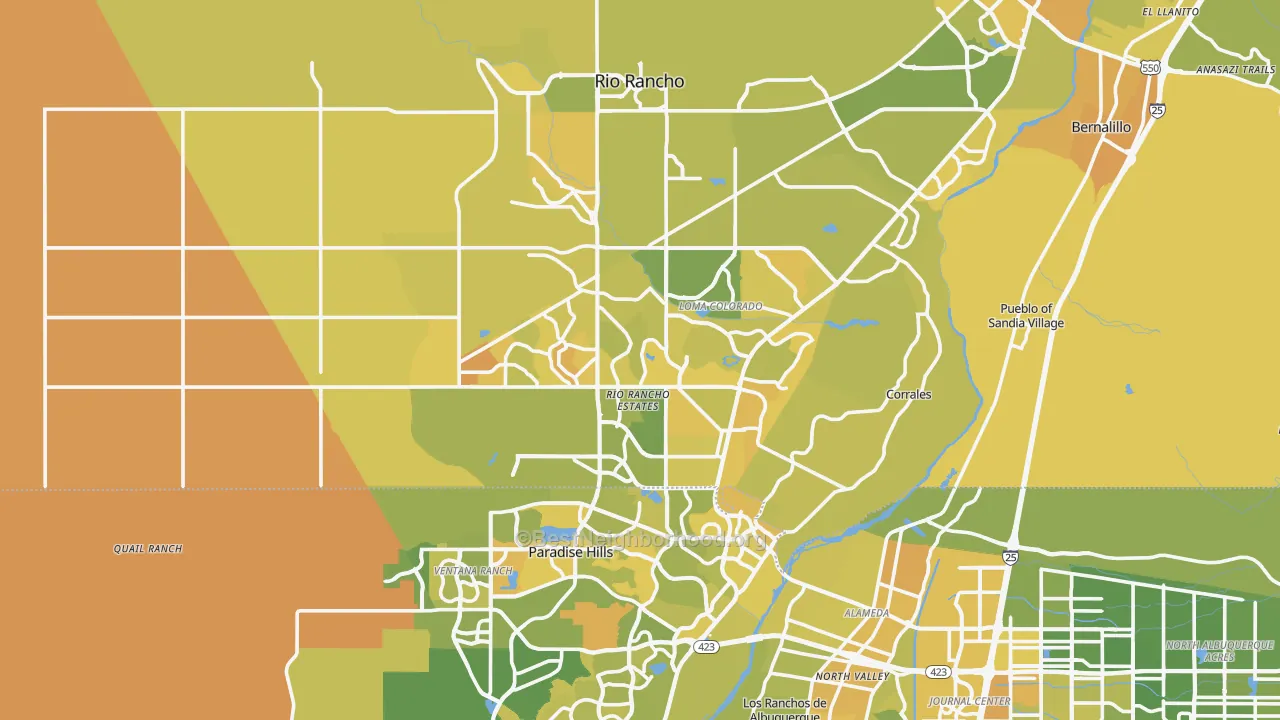 Map of the best neighborhoods in the 87124 area, with better matches in green and worse matches in red