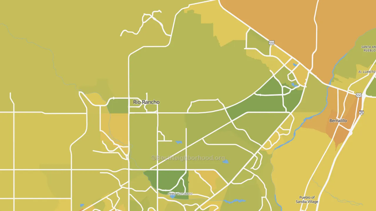 Map of the best neighborhoods in the 87144 area, with better matches in green and worse matches in red