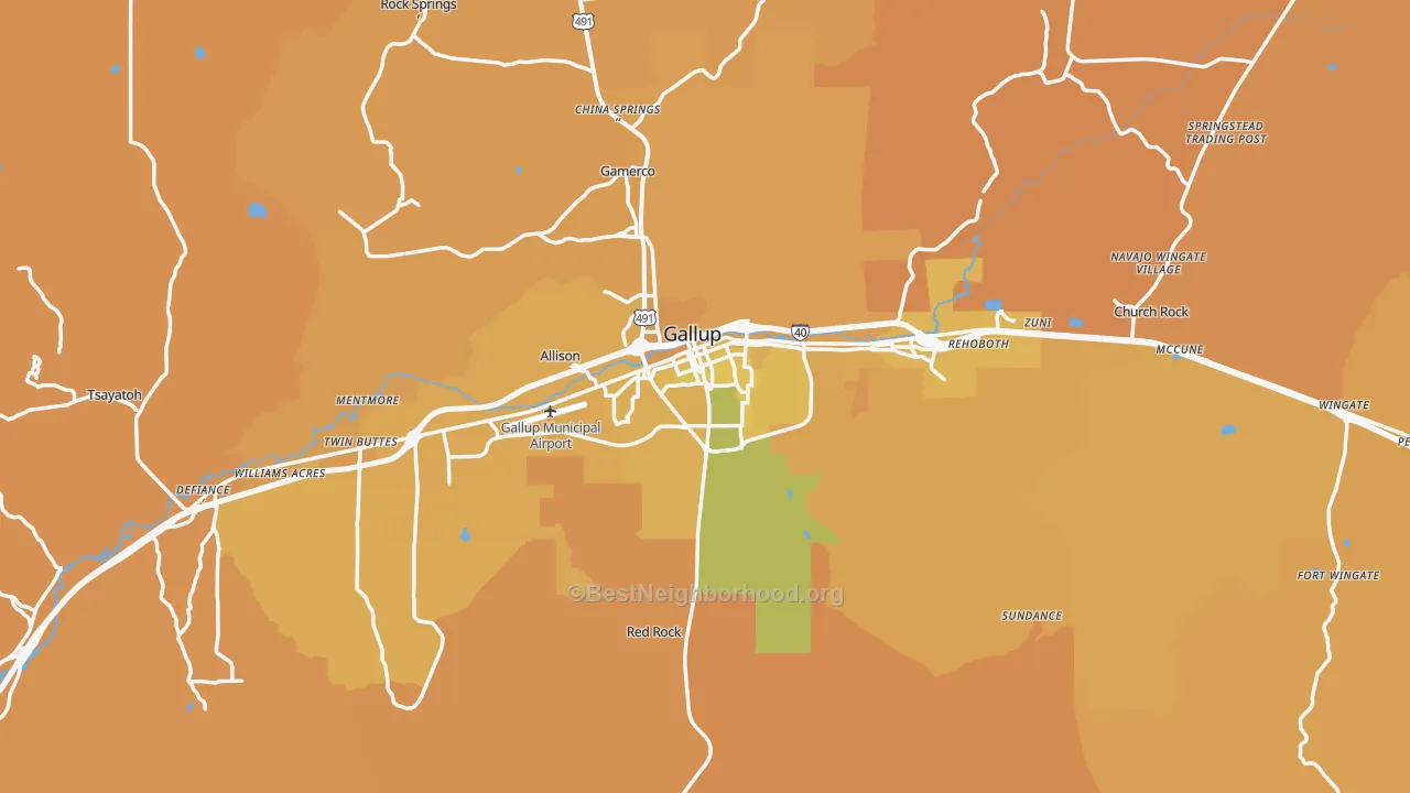 Map of the best neighborhoods in the 87301 area, with better matches in green and worse matches in red