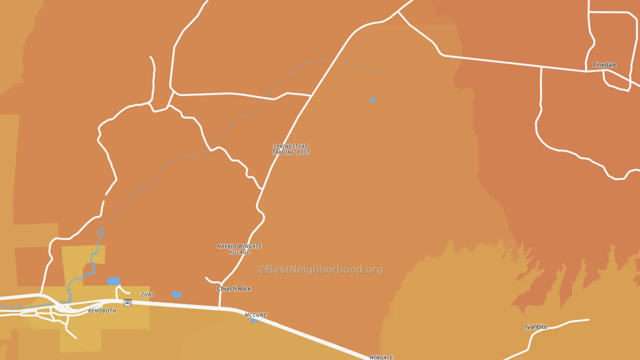 Map of the best neighborhoods in the 87311 area, with better matches in green and worse matches in red