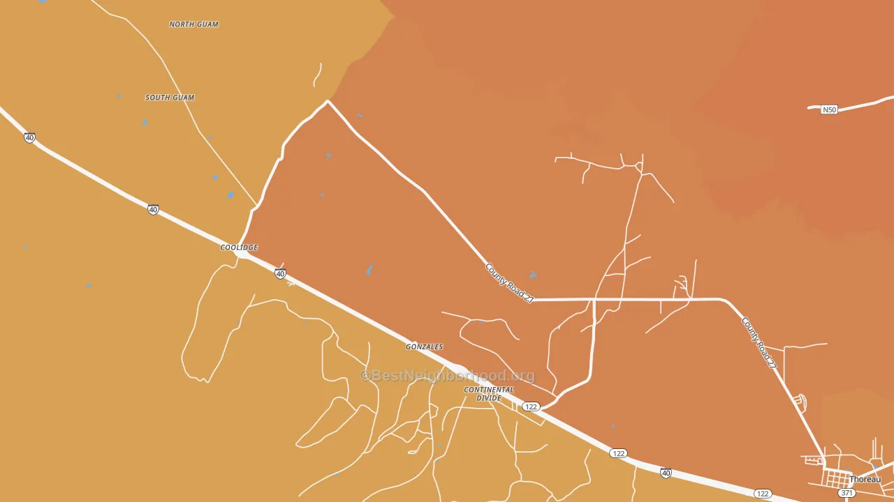 Map of the best neighborhoods in the 87312 area, with better matches in green and worse matches in red