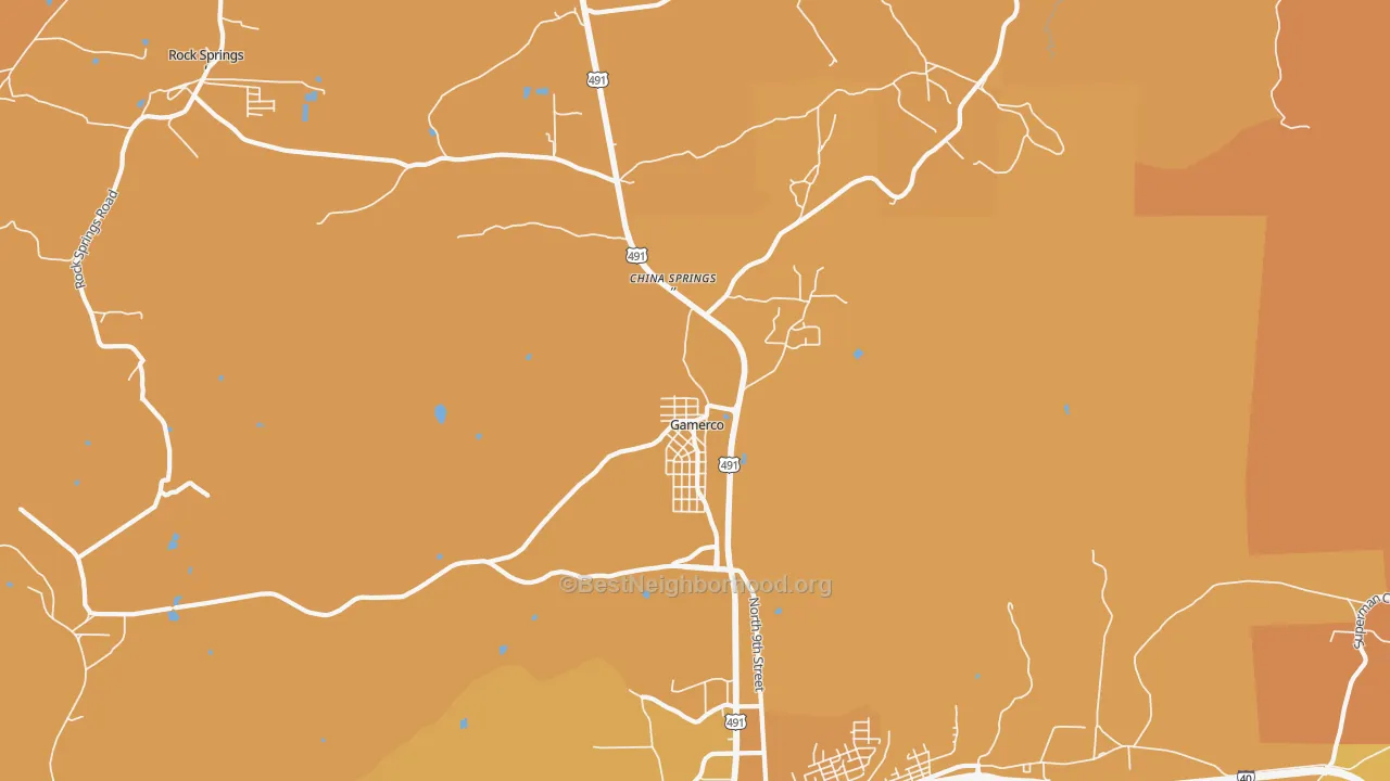 Map of the best neighborhoods in the 87317 area, with better matches in green and worse matches in red